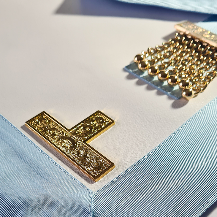 WORSHIPFUL MASTER APRON RECTIFIED SCOTTISH RITE (R.S.R) LEATHER, GOLDEN PENDANTS 3 GOLDEN TAU SYMBOLS