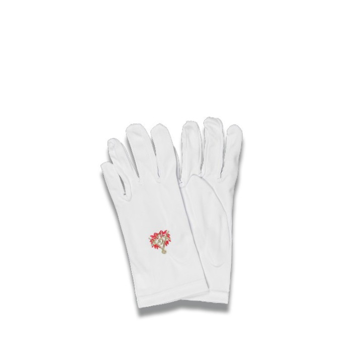 NYLON GLOVES WITH EMBROIDERY SQUARE & COMPASSES, ACACIA LEAVES RED/GOLD