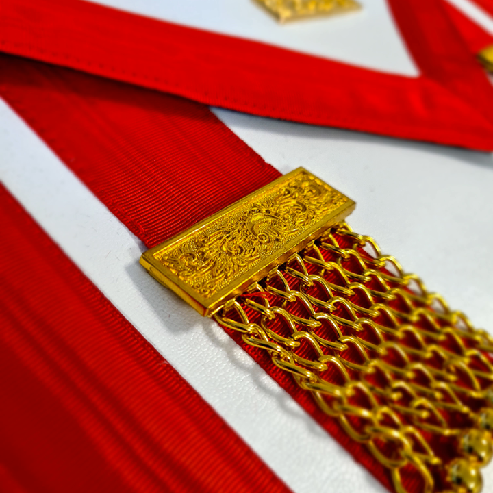 VENERABLE MASTER / PAST MASTER APRON AASR IN LEATHER WITH POCKET, BLACK LINING, 2 GOLDEN TASSELS AND 3 GOLDEN METAL TAUS