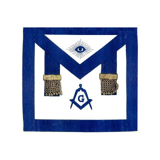 TABLIER MAÎTRE  RITE YORK  CUIR  BRODÉ ŒIL, ÉQUERRE ET COMPAS  DEUX PENDELOQUES DORÉS  FERMETURE SERPENT