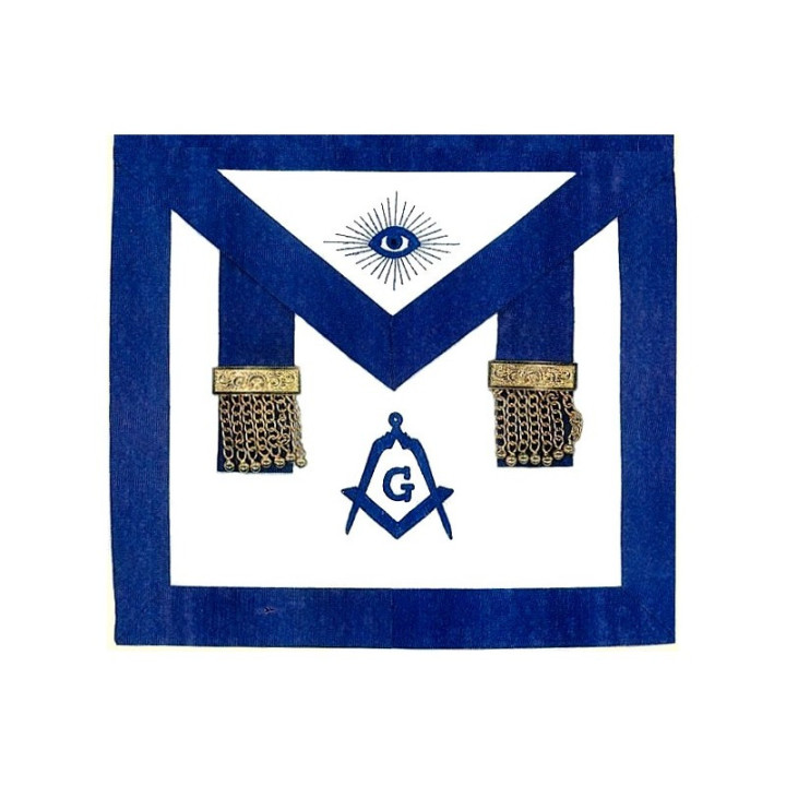 TABLIER MAÎTRE  RITE YORK  CUIR  BRODÉ ŒIL, ÉQUERRE ET COMPAS  DEUX PENDELOQUES DORÉS  FERMETURE SERPENT