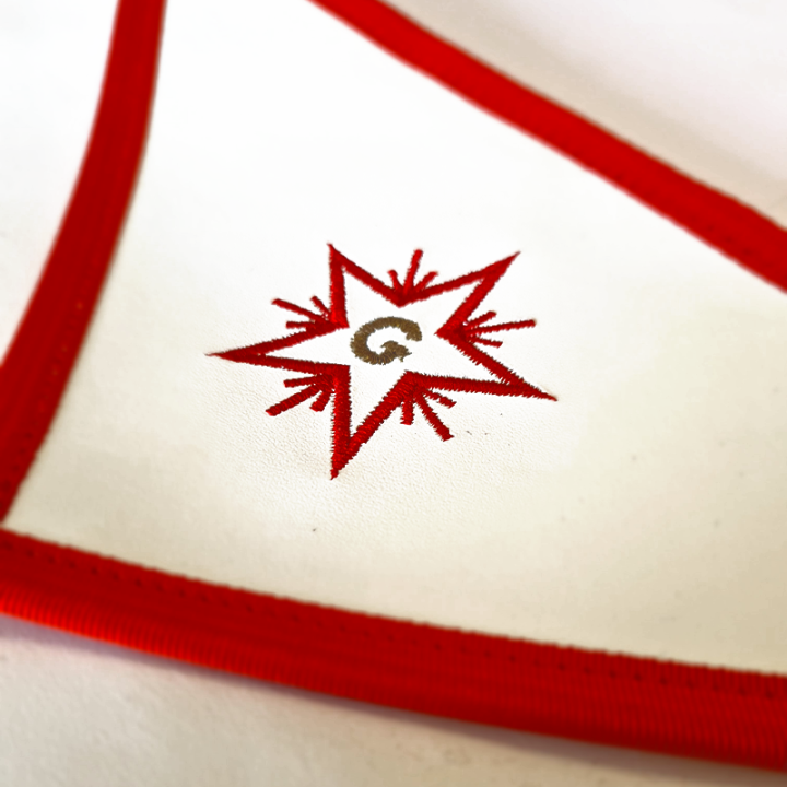 FELLOWCRAFT APRON AASR LEATHER RED EDGE EMBROIDERED FLAMING STAR